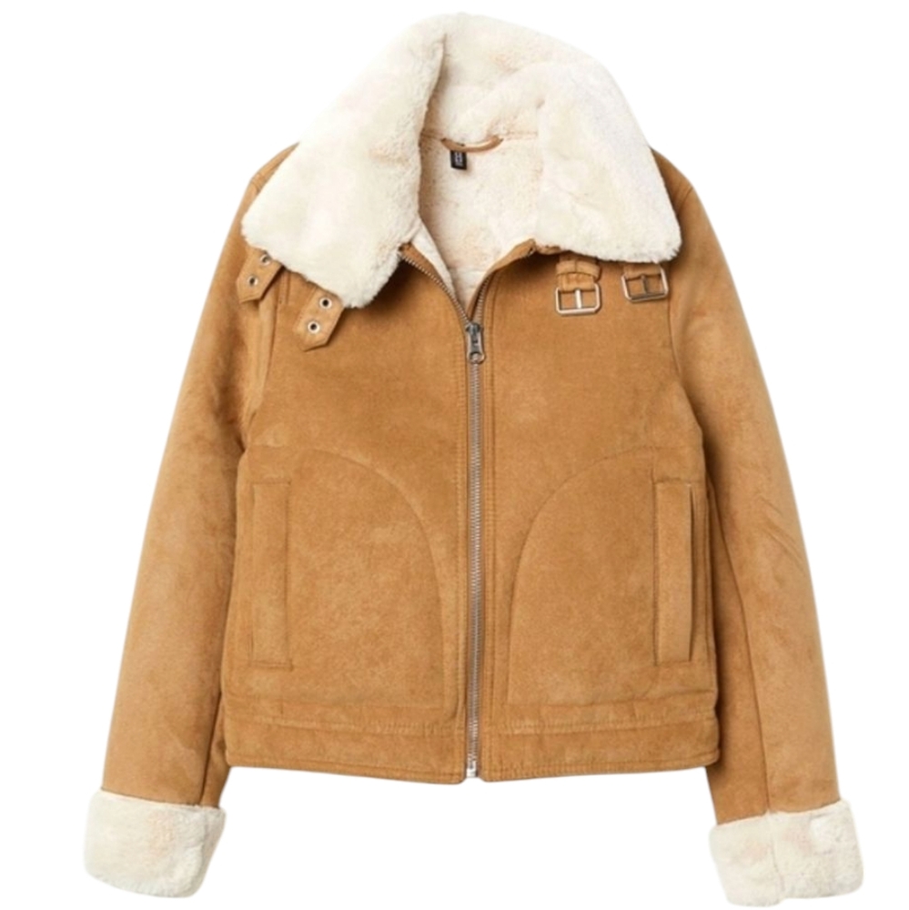 H&M Suede Jacket Coat Sherpa Fur Lined Buckle Collar Teddy Beige Winter